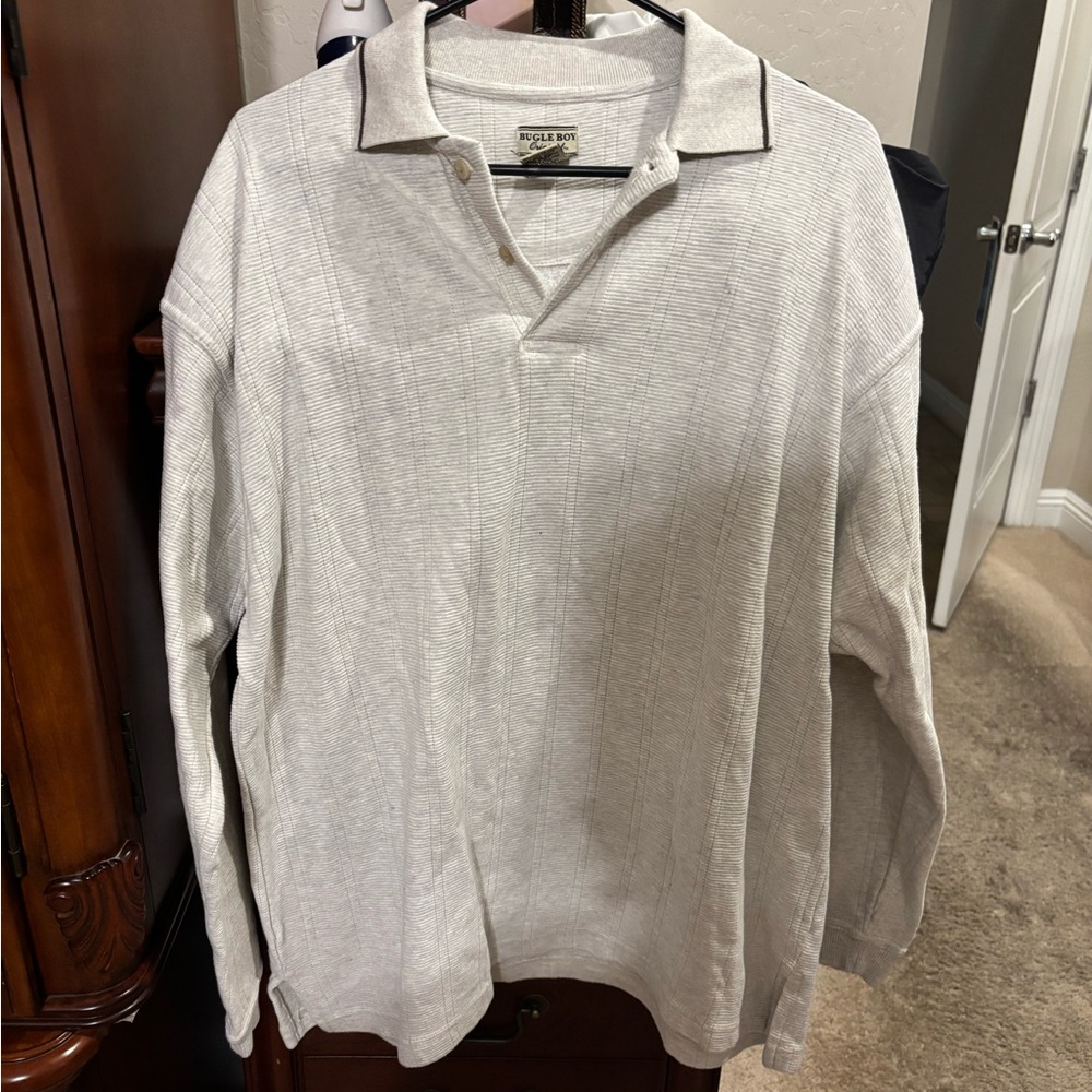 Bugle Boy Men's Long Sleeve Polo - Light Beige with Dark Trim